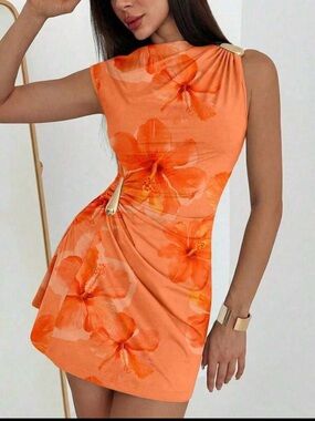 SHEIN Orange Floral One-Shoulder Mini Dress with Gold Accents
